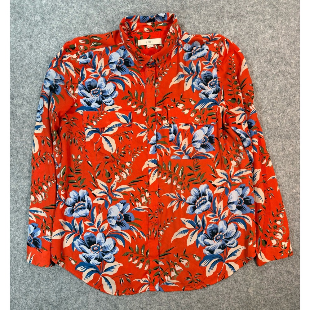 Loft‎ Womens XL Orange Red Blue Floral Button Down Blouse Long Sleeve Shirt